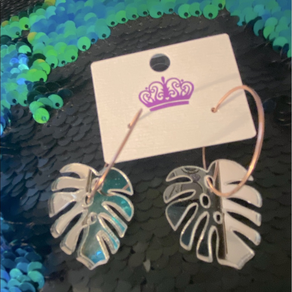 Rose gold hoops with clear mirrored leaf earrings